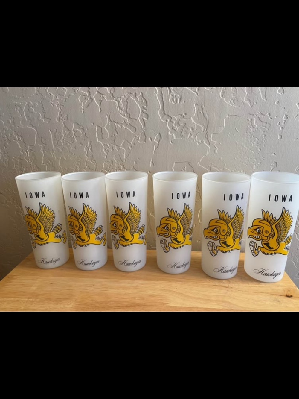 vintage 1960s University of Iowa Hawkeyes frosted highball glasses